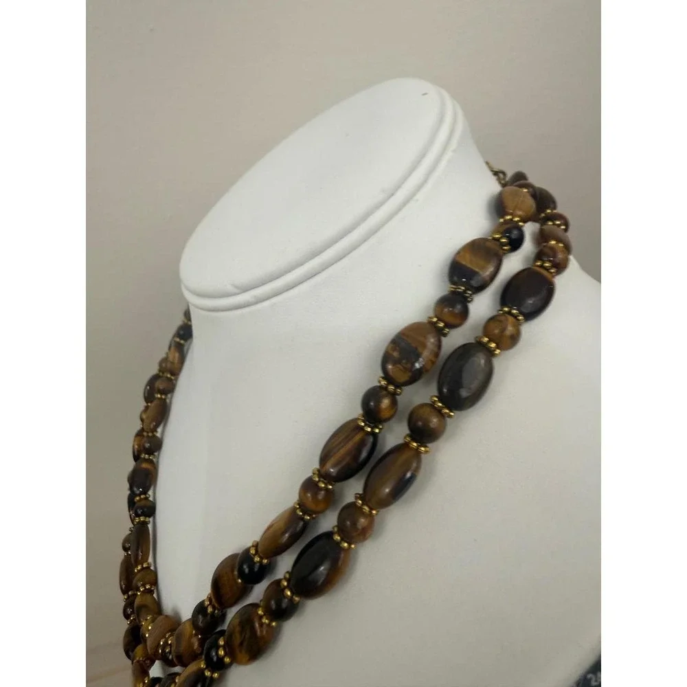 Tigers Eye Beaded Necklace Stone Double Strand Gold Tone Earthy Bohemian